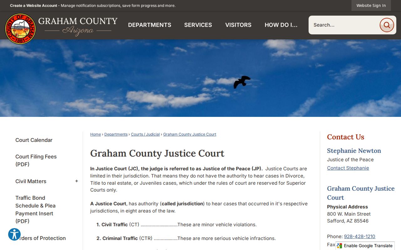Graham County warrant search Justice Court page