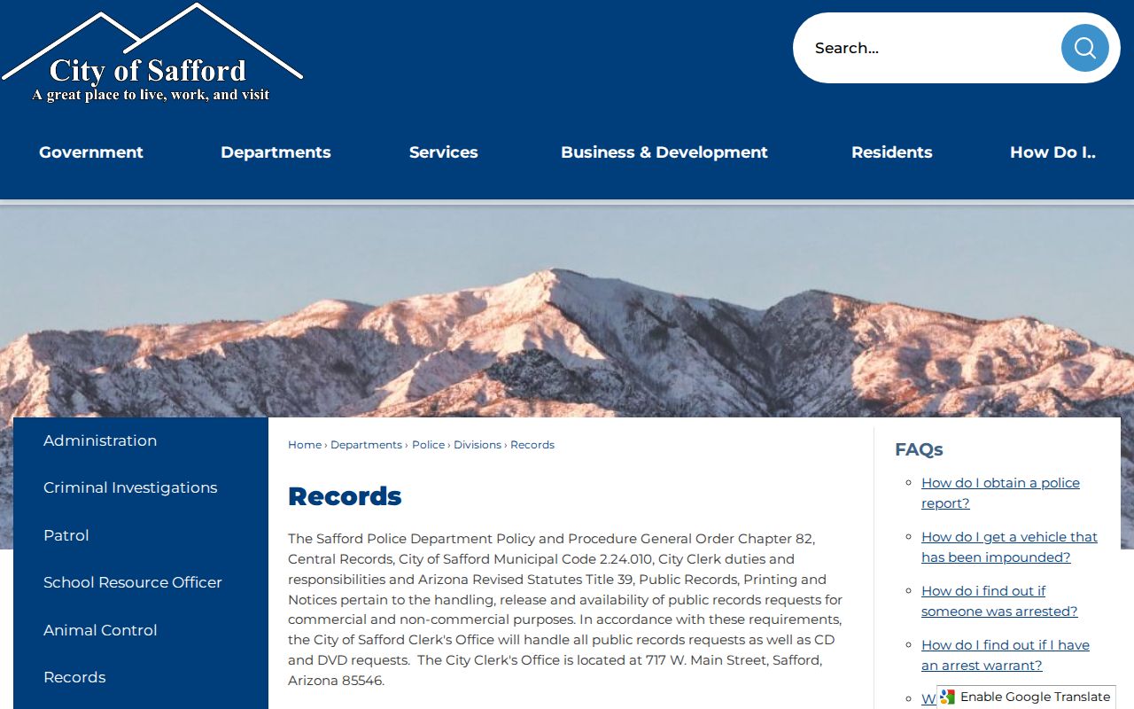 Safford Police Records page with public contact and warrant-question routing