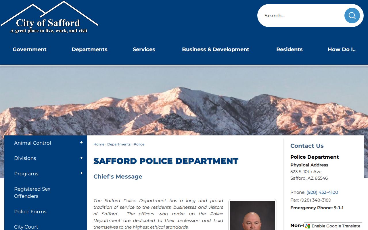 Safford Police Department official contact page