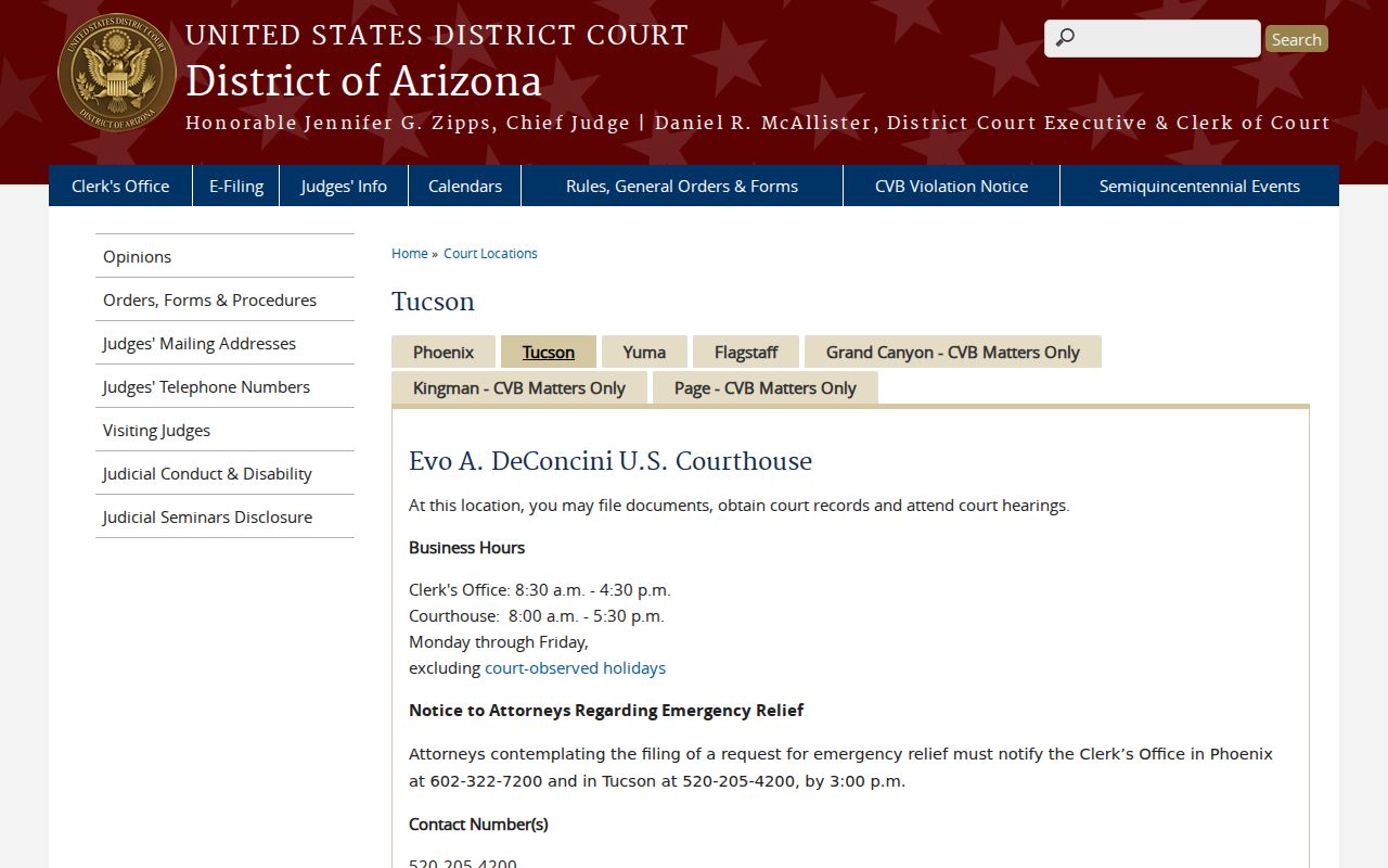 District of Arizona Tucson federal courthouse contact page