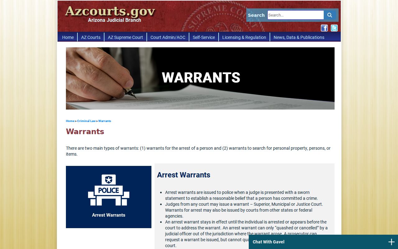 Arizona Courts official arrest, bench, and search warrant explanation