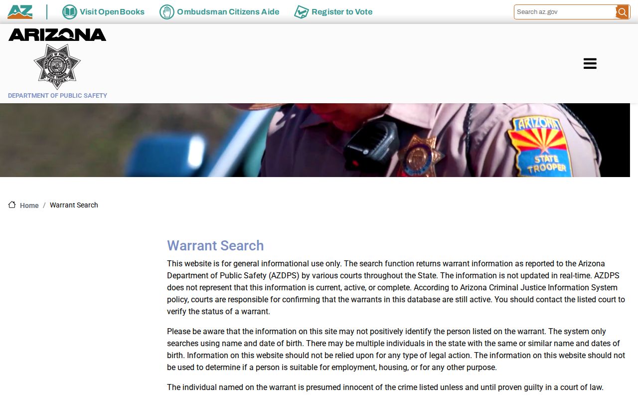Arizona DPS warrant search form and caution notice