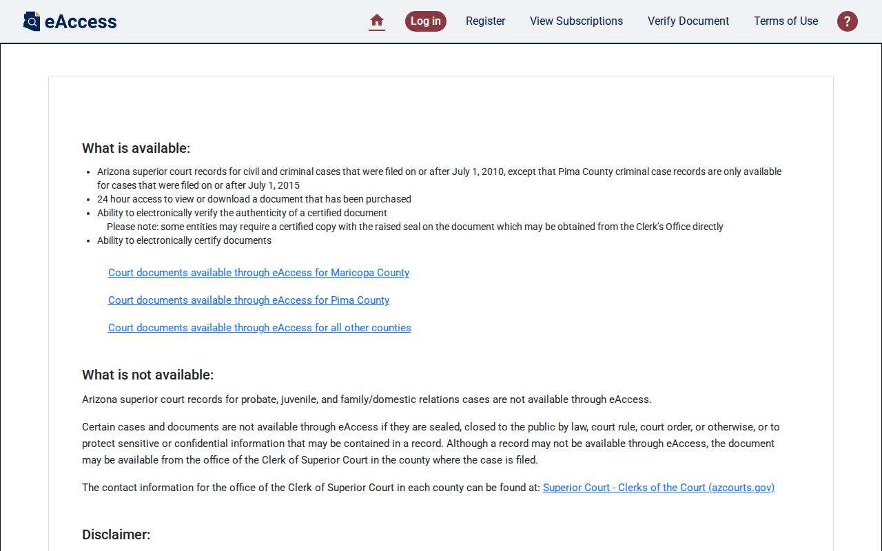 Arizona Superior Court eAccess interface and restricted-record notice