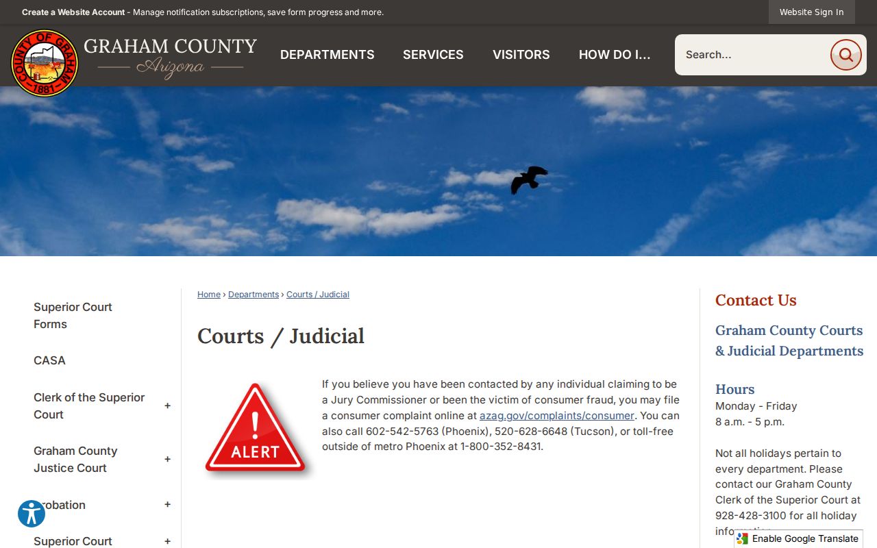 Graham County Courts and Judicial page showing the local court structure