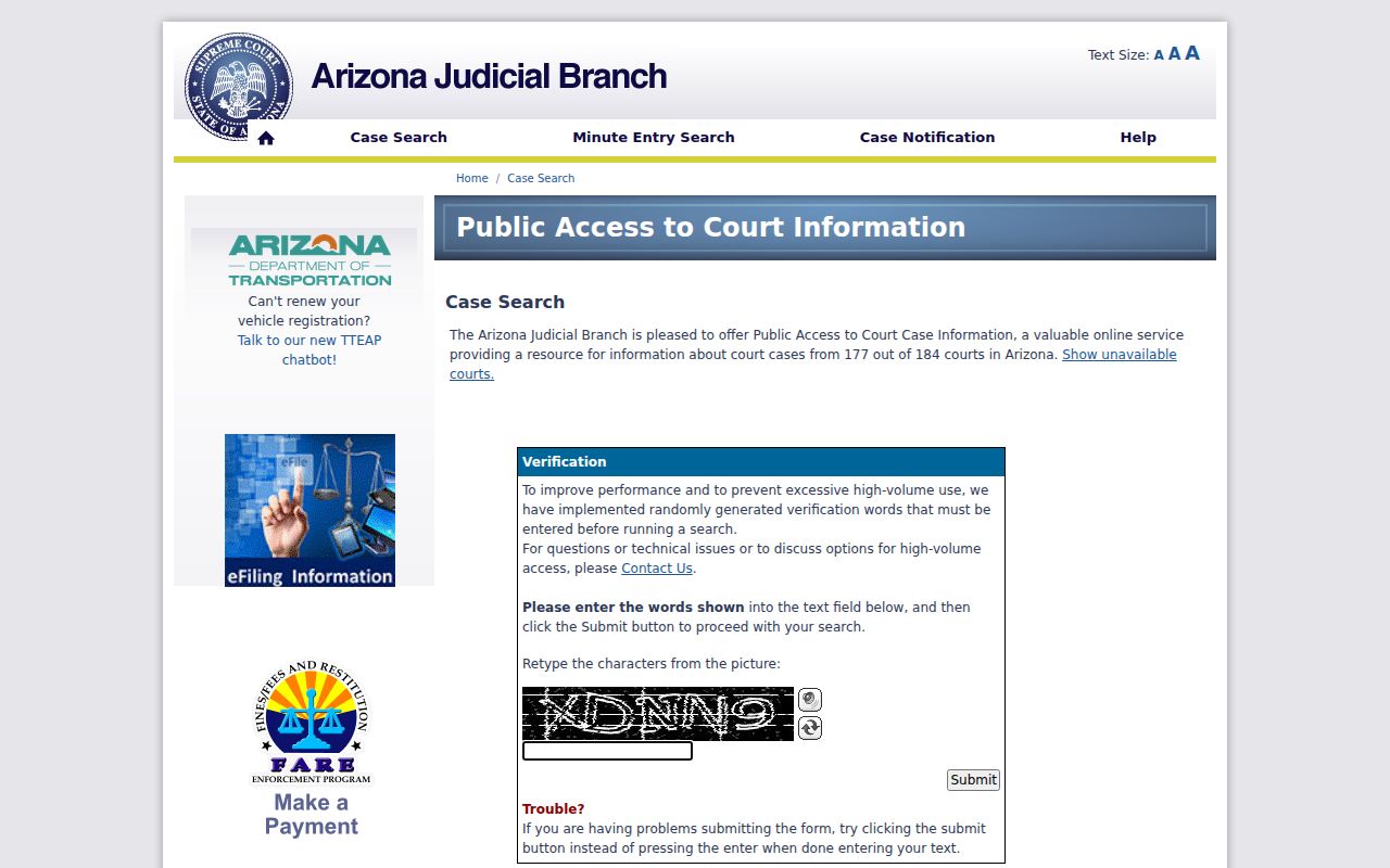 Arizona Public Access verification screen and official-record notice